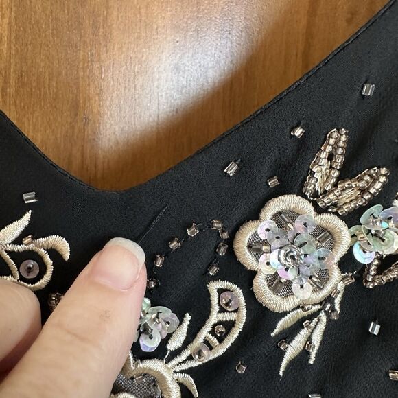 R & M Richards Dress 12 Black Embroidered Beaded Asymmetric Whimsygoth Gatsby - Picture 7 of 8